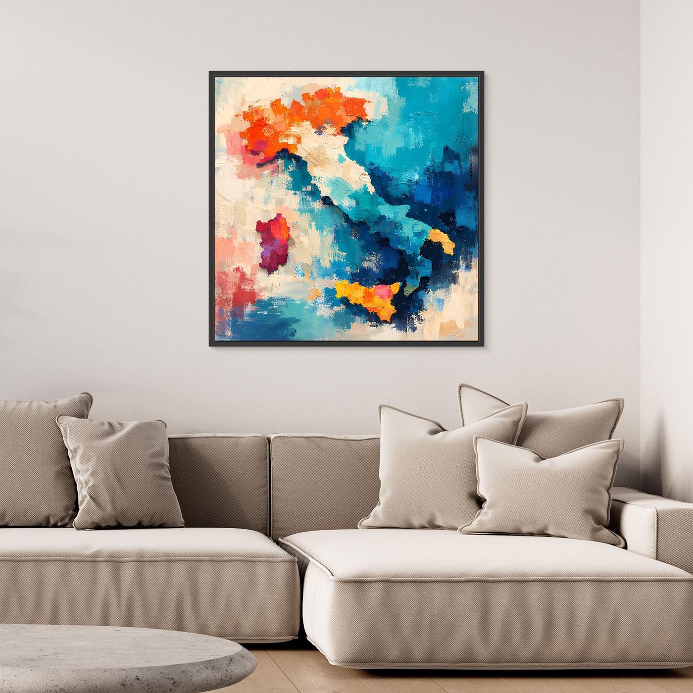 Abstract Italy map wall art with blue and orange paint strokes, black frame