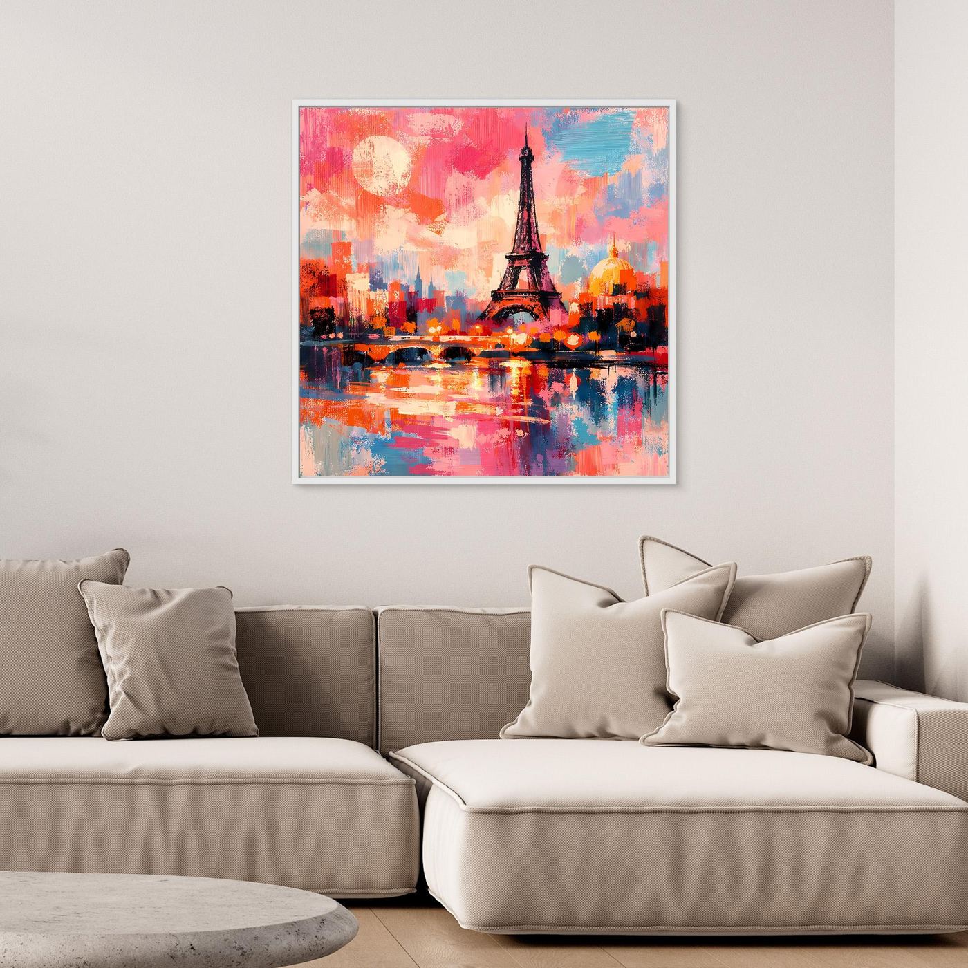 Gerahmtes Leinwand-Wandbild mit Eiffelturm: abstraktes Stadt- und Wasserpanorama