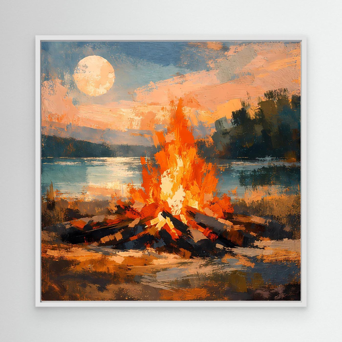 Leinwand-Wandbild mit Lagerfeuer am See im weißen Rahmen