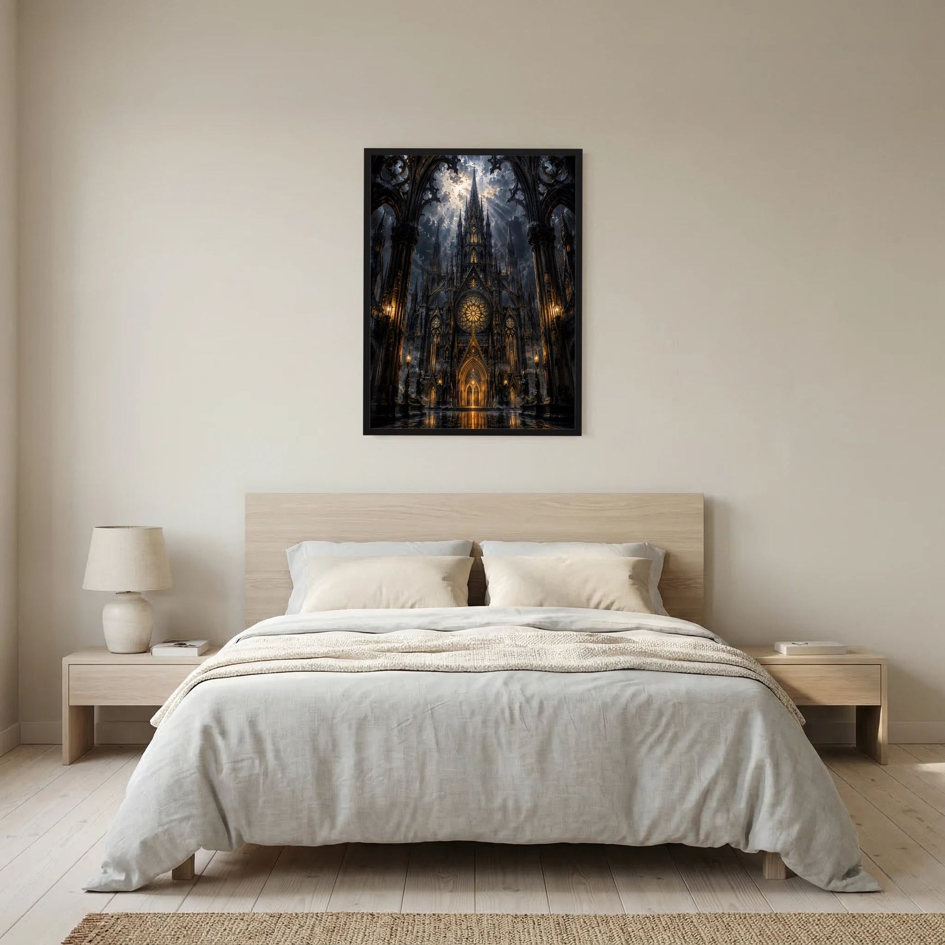 Hochformat-Poster: gotische Kathedrale in Schwarz und Gold, schwarzer Rahmen