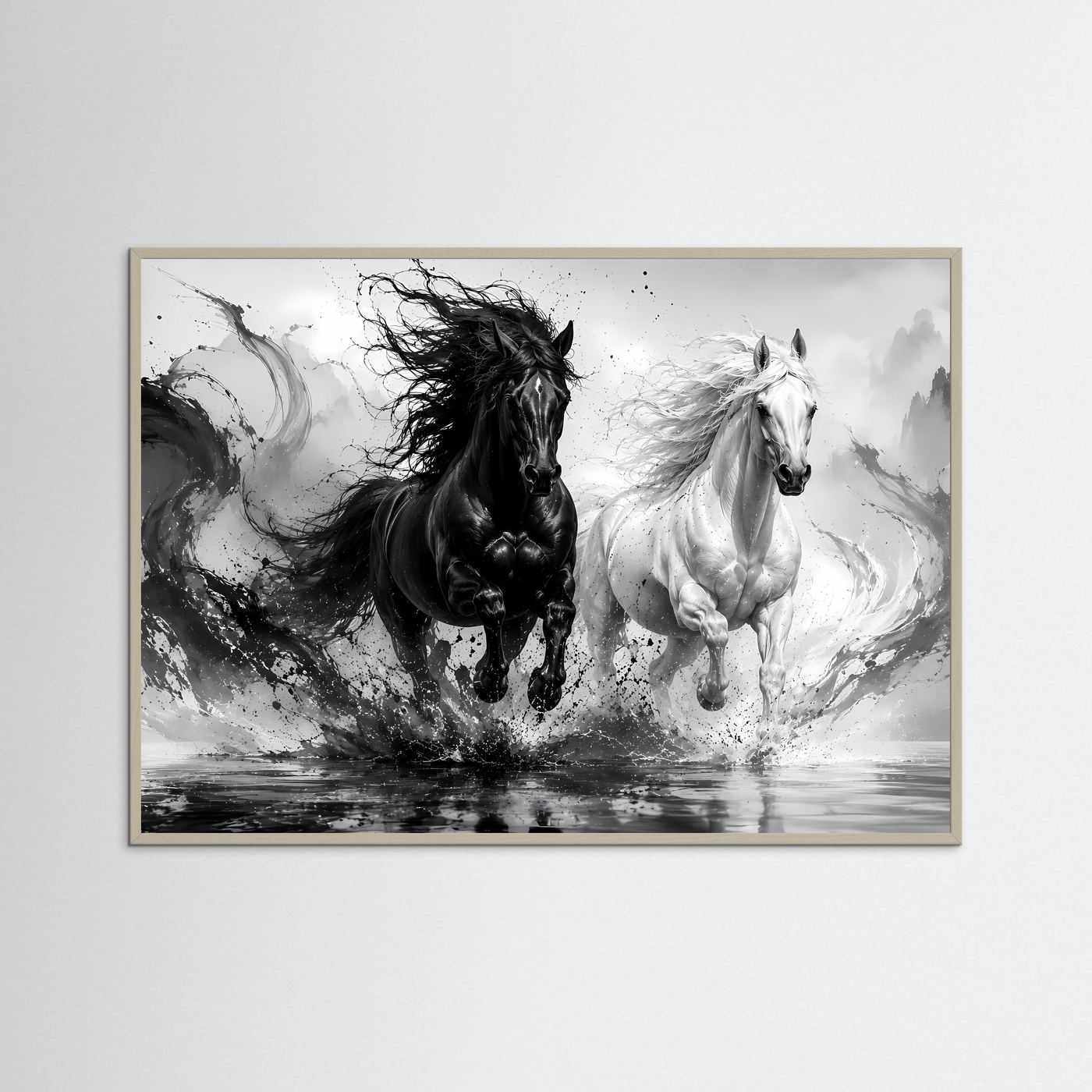 Schwarz Weiß Pferde Poster | Yin Yang Pferde Wandbild | Galoppierende Schwarze und Weiße Pferde | Moderne Abstrakte Pferdekunst