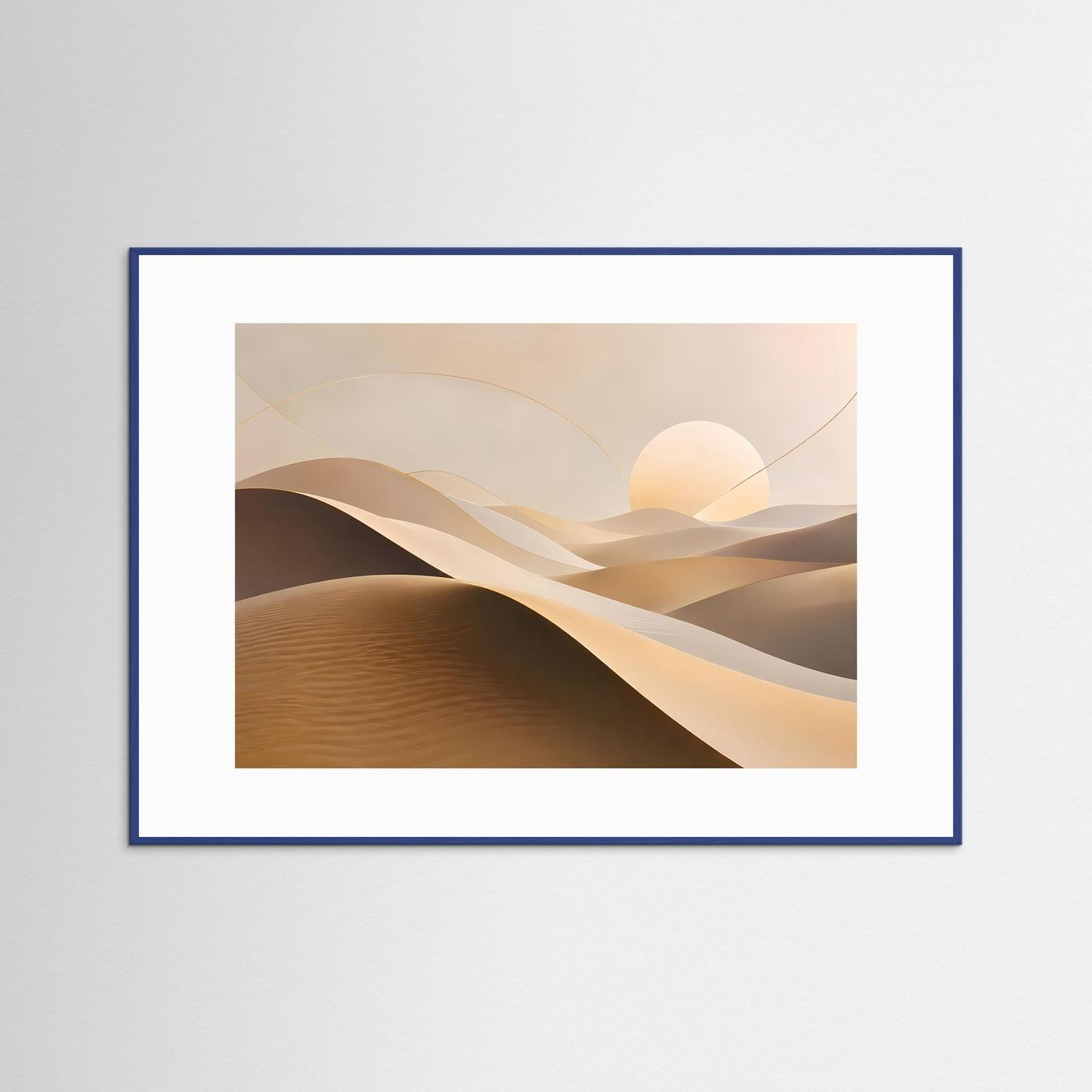 Querformat-Poster mit Sanddünen-Motiv in Beige und Braun im blauen Rahmen