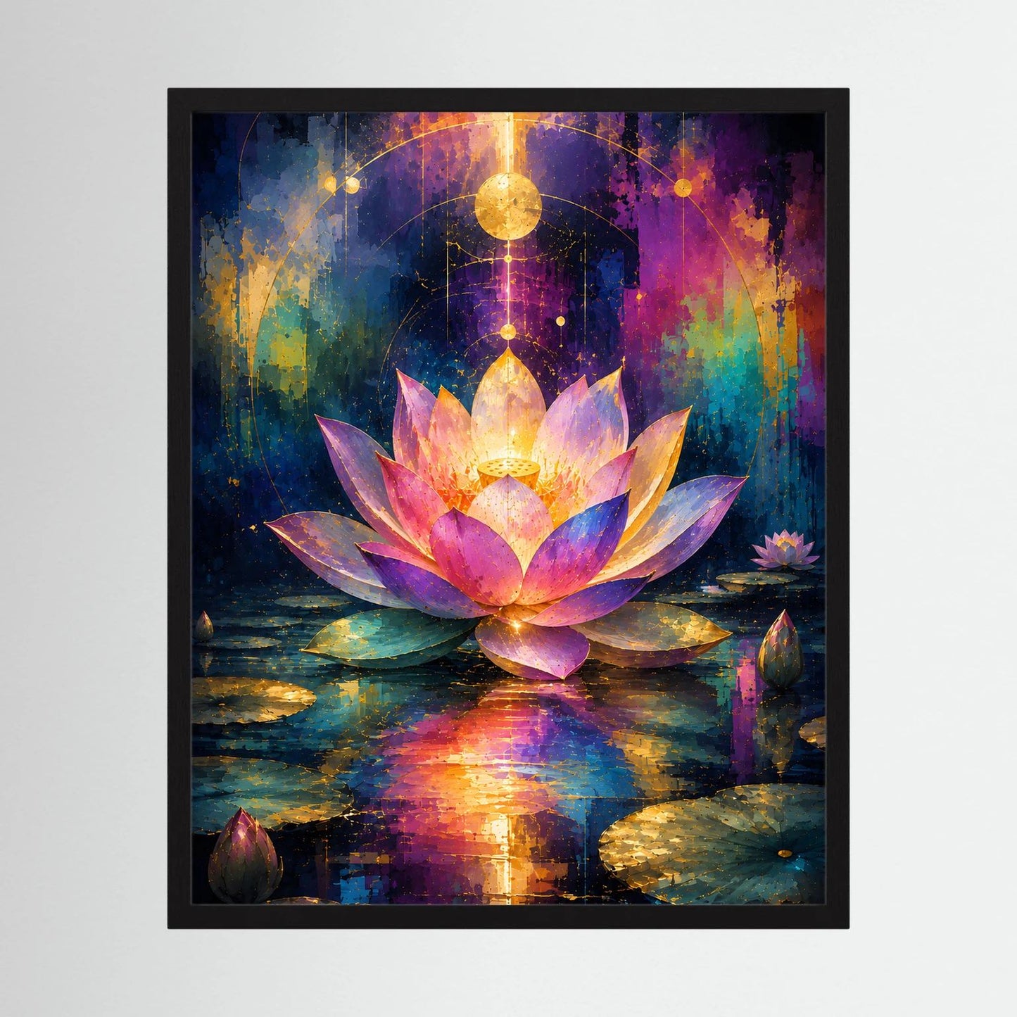 Gerahmtes Lotusblüten-Poster im Hochformat mit pink-goldener Blume und reflektiertem Wasser