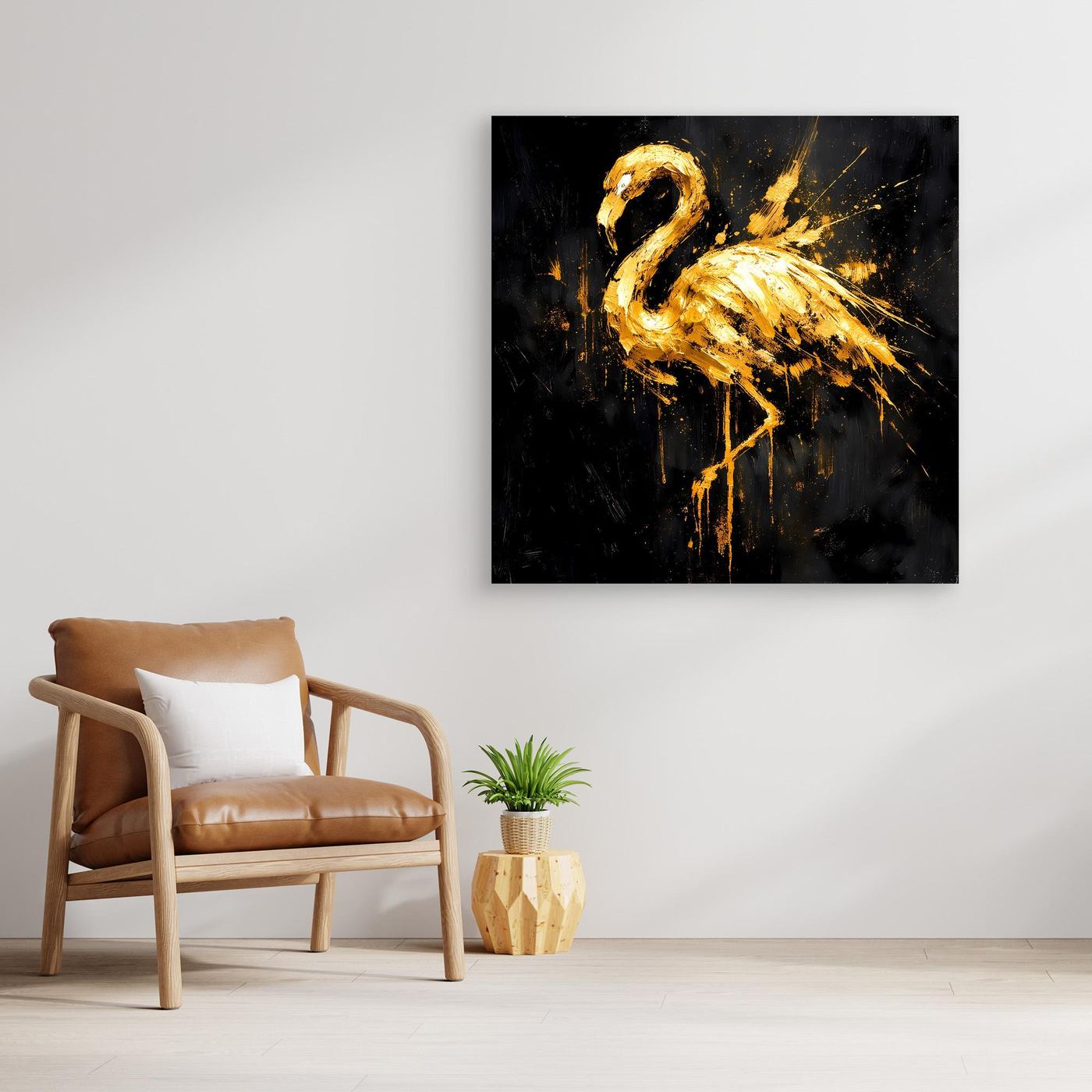 Leinwand Goldener Flamingo auf Schwarz | Abstraktes Modernes Tier Wandbild Kunst