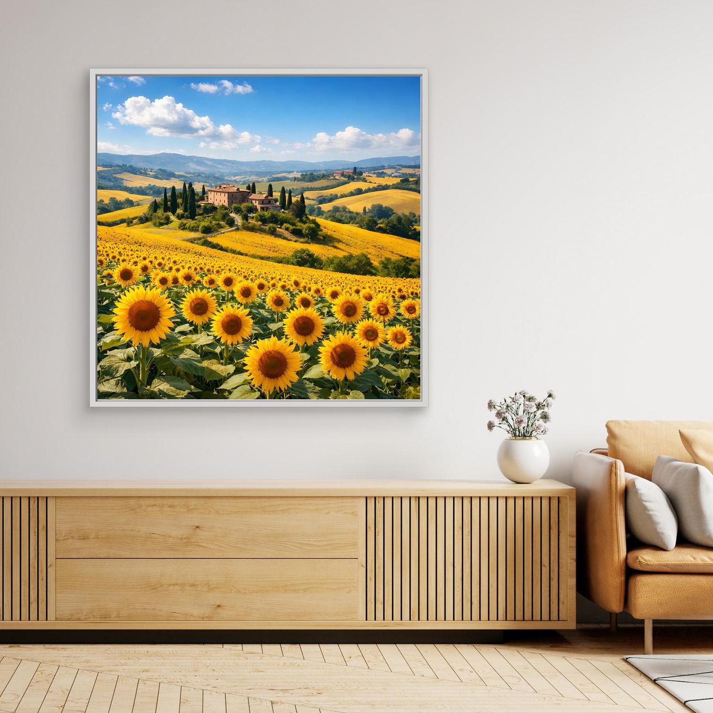 Gerahmtes Leinwandbild: Sonnenblumenfeld, toskanische Hügellandschaft, weißer Rahmen