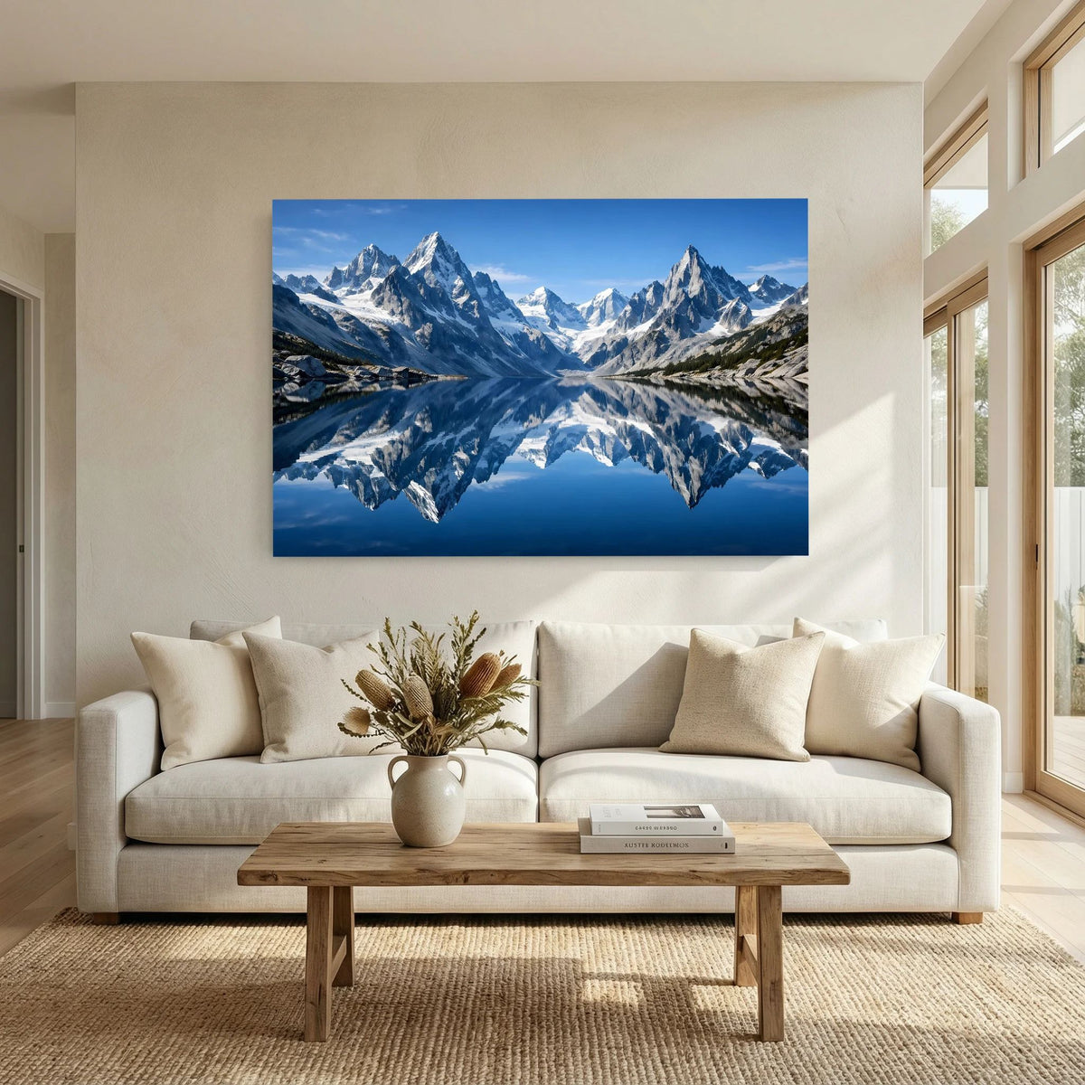 Poster im Querformat mit schneebedeckten Bergen und Spiegelung im See