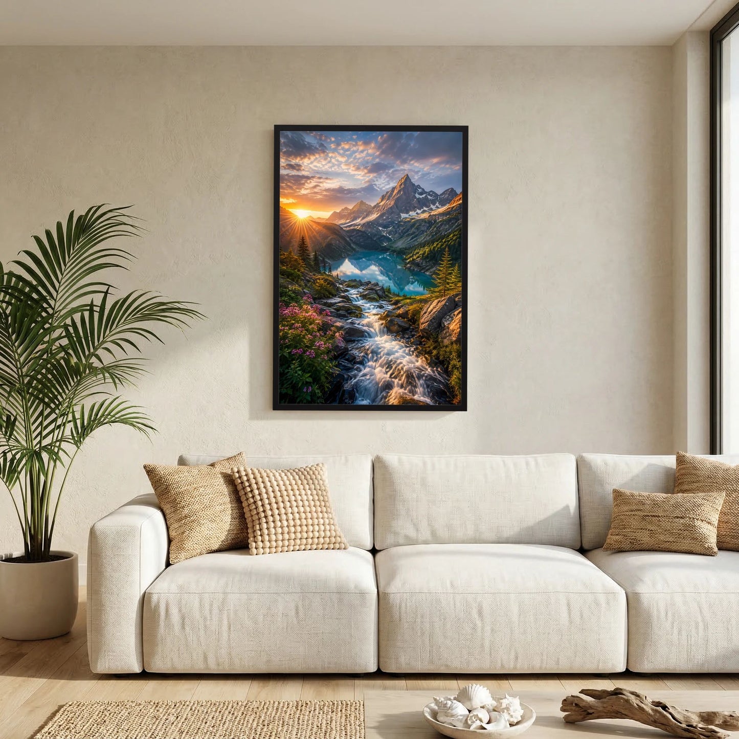 Poster Hochformat mit Bergsee und Wasserfall im Sonnenuntergang, schwarzer Rahmen