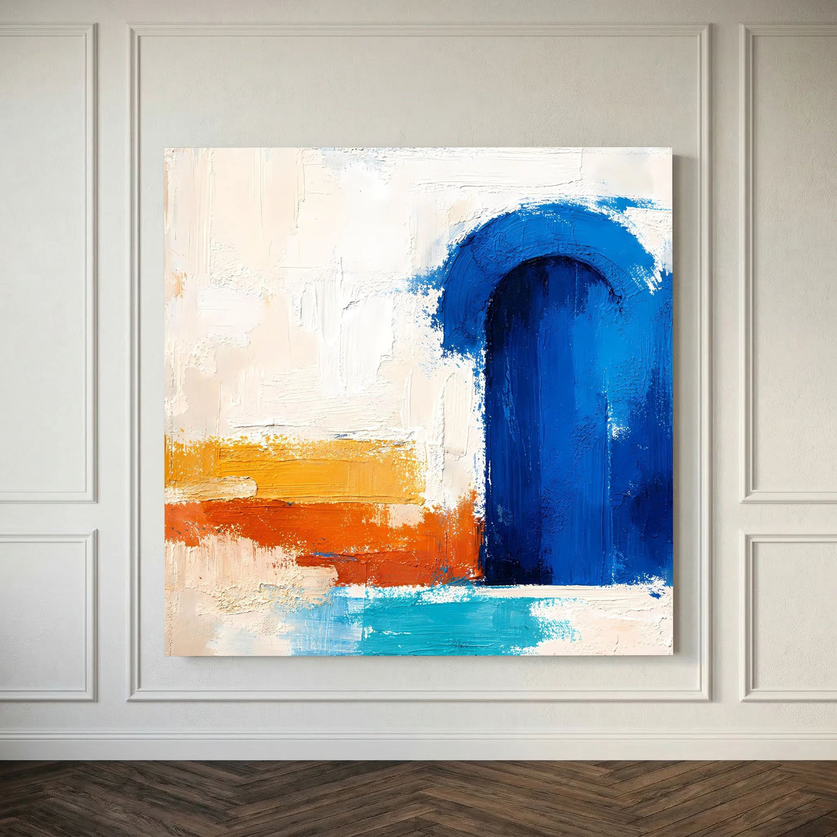 Weiß gerahmtes Leinwandbild mit blauem Torbogen und orangefarbenem Horizontalstreifen unten