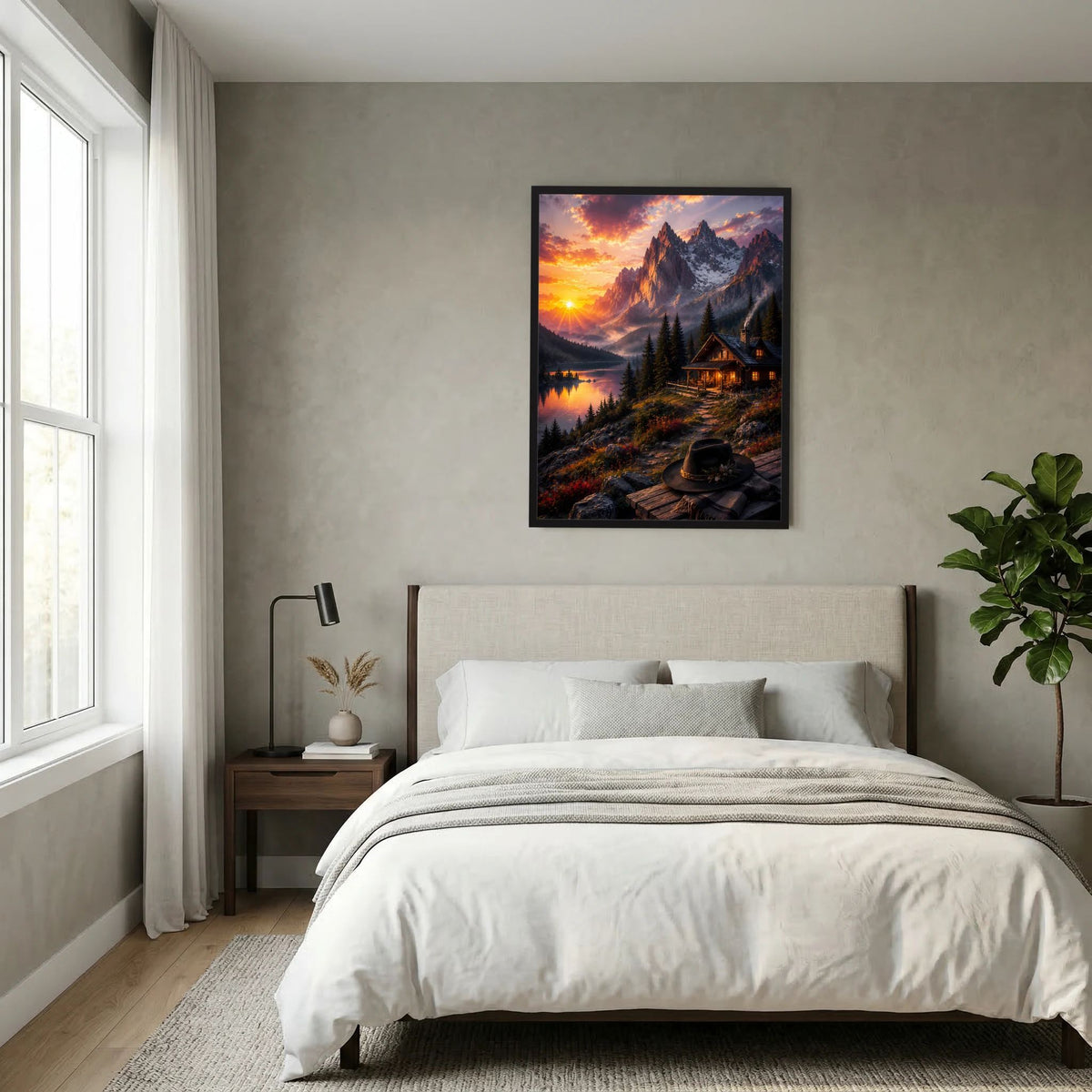 Poster im Hochformat mit Bergsee und Berghütte im Sonnenuntergang, schwarzer Rahmen