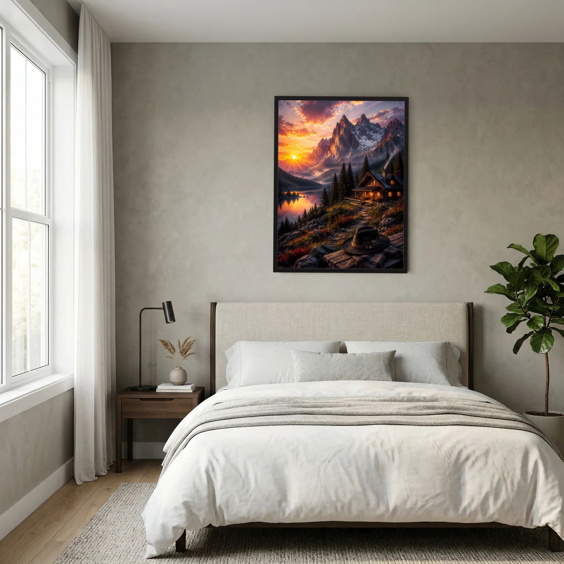 Poster im Hochformat mit Bergsee und Berghütte im Sonnenuntergang, schwarzer Rahmen