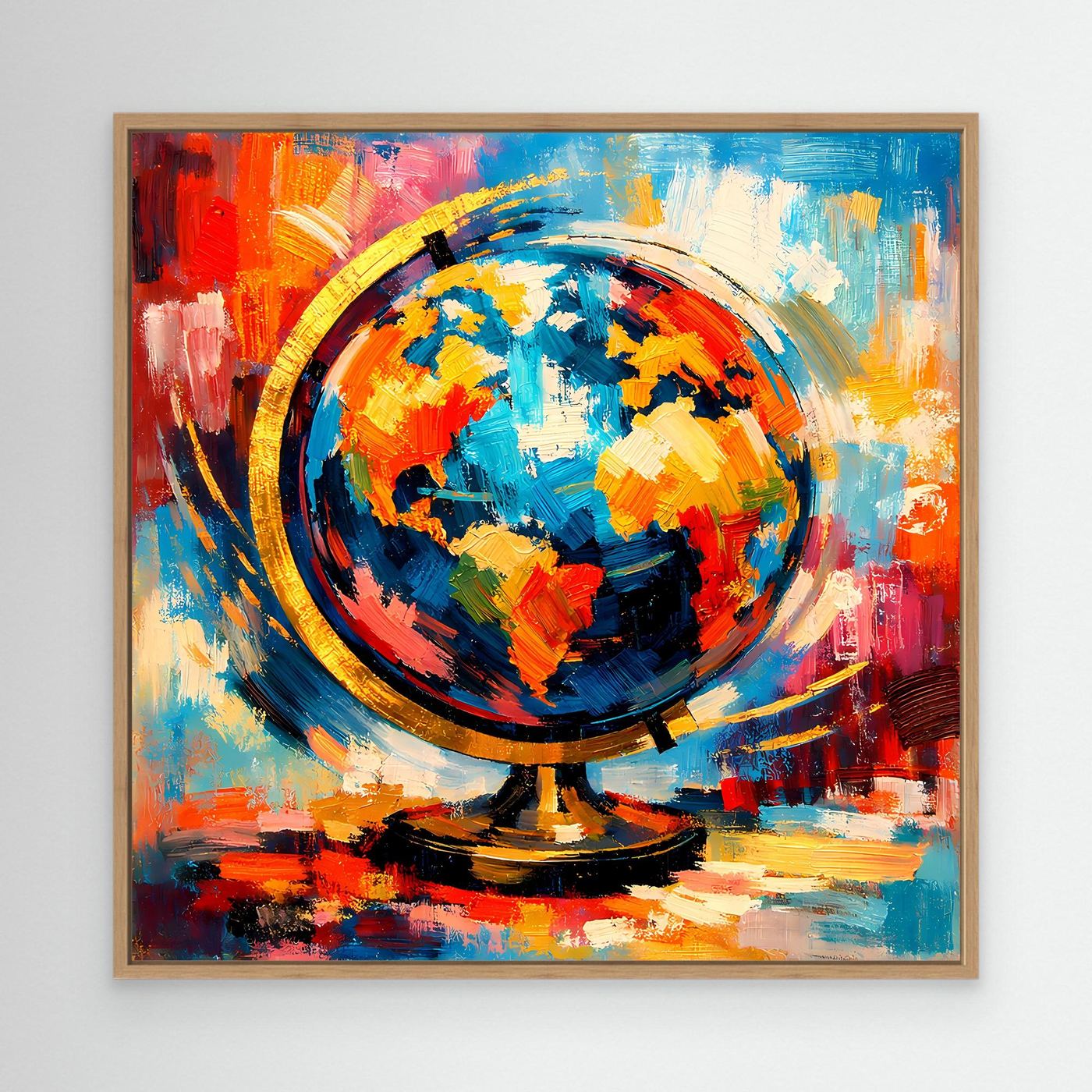 Leinwandbild mit abstraktem Globus und Weltkarte im Farbenmix, mit hellem Holzrahmen
