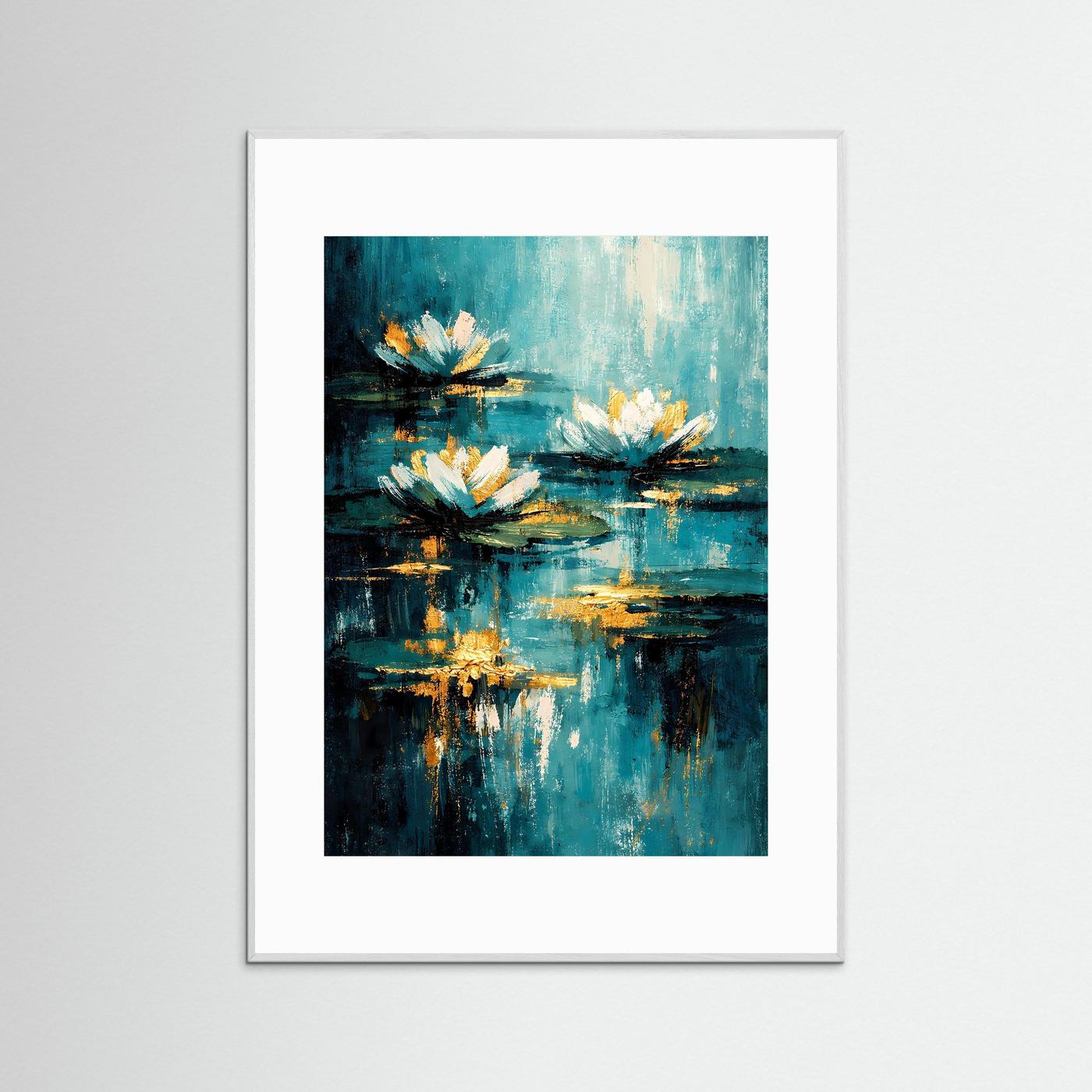Wandposter mit abstrakten Seerosen auf blauem Teich, türkis und goldfarben, weiß gerahmt.