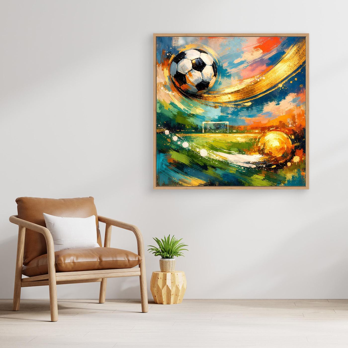 Abstraktes Leinwandbild mit Fußball nahe der oberen Ecke, buntes Spielfeld und Torform