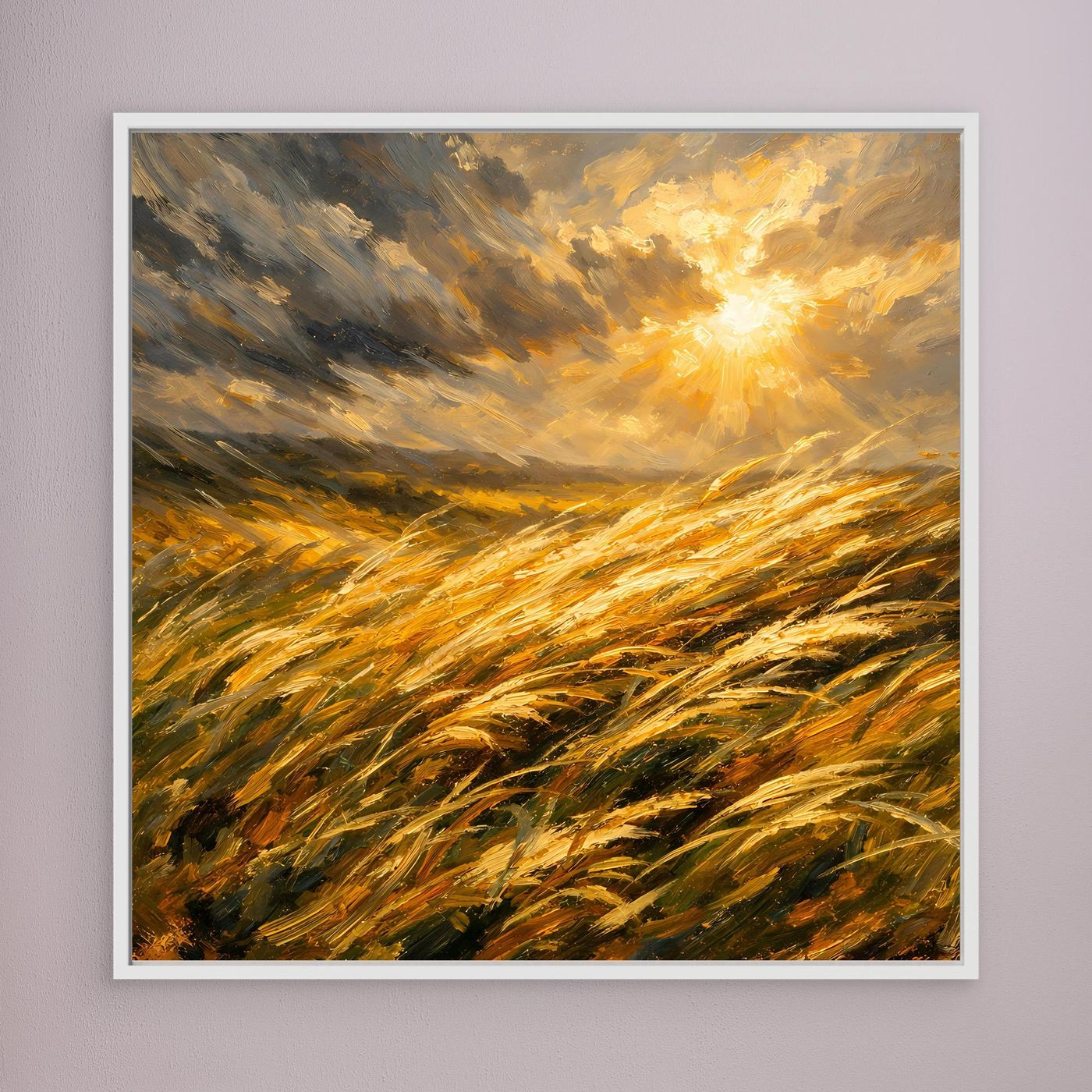 Leinwandbild mit goldenem Getreidefeld im Wind und leuchtender Sonne, weißer Rahmen