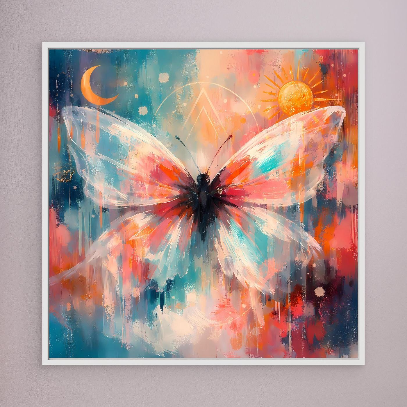 Wandbild mit buntem Schmetterling, Sonne und Mond im weißen Rahmen