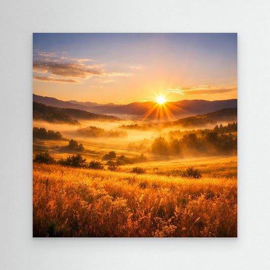 Leinwandbild ohne Rahmen mit Sonnenaufgang über Bergtal und goldgelben Feldern.