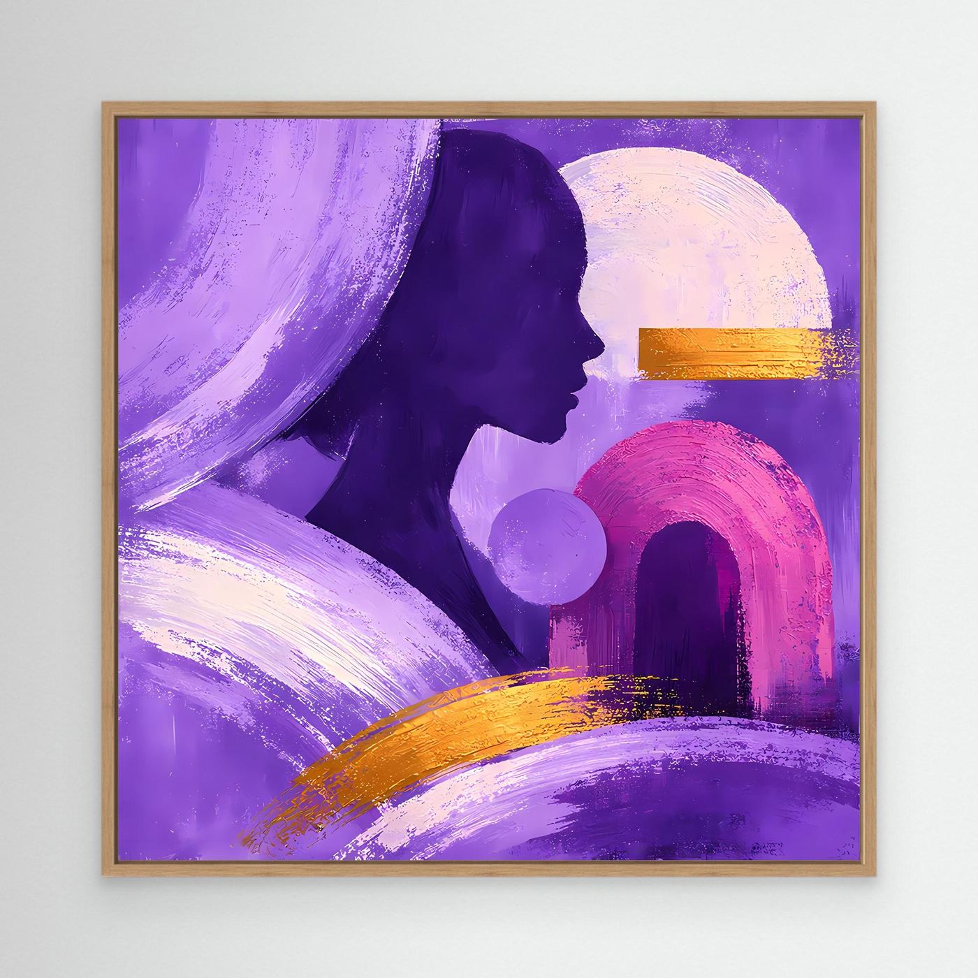 Abstraktes Leinwandbild: Frauenprofil in Violett/Pink mit Goldakzenten, mit Eichenrahmen