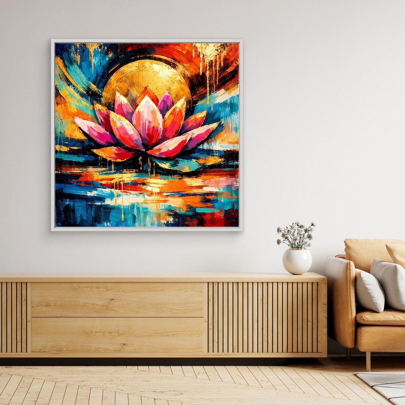 Gerahmtes Leinwand-Wandbild mit abstrakter Lotusblüte, Goldkreis und bunten Farbflächen.