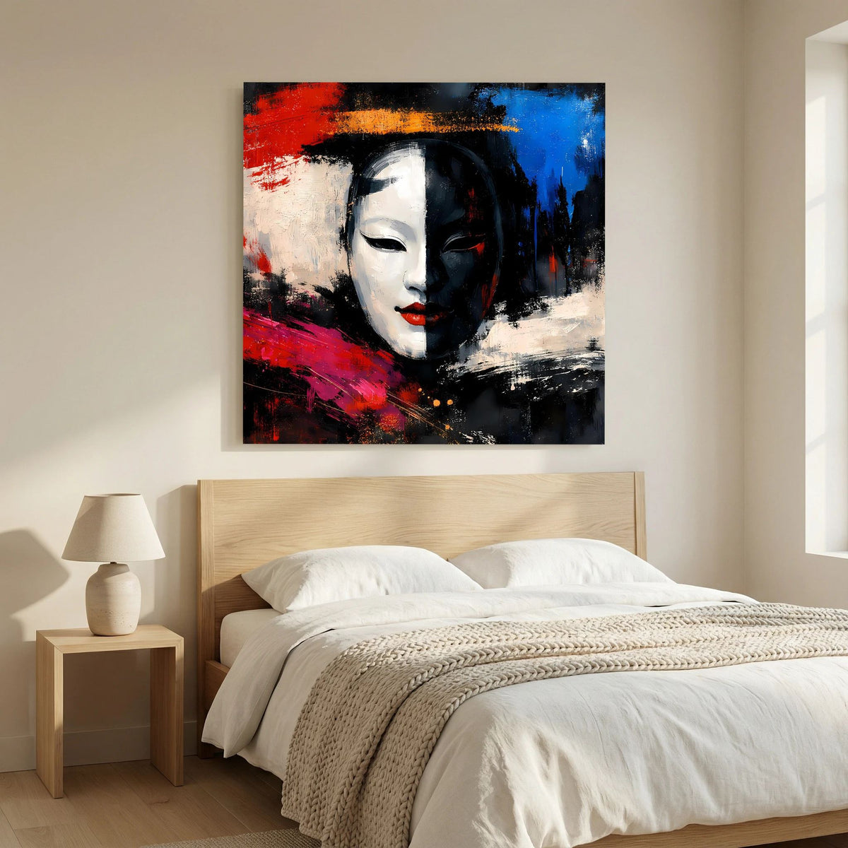 Leinwand-Wandbild mit Geisha-Maske, Pop-Art-Motiv mit kontrastreichen Rot- und Blauflächen