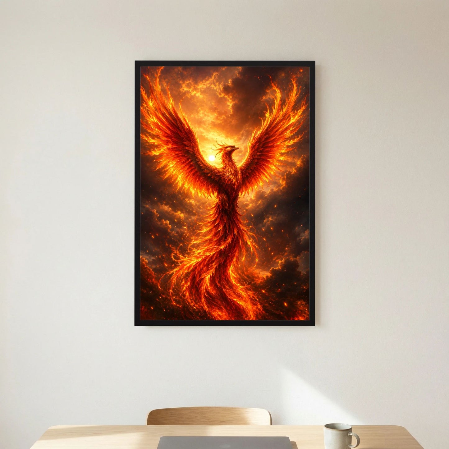 Hochformatposter mit Phönix-Figur in Flammen, gold-orange Licht, schwarzer Rahmen