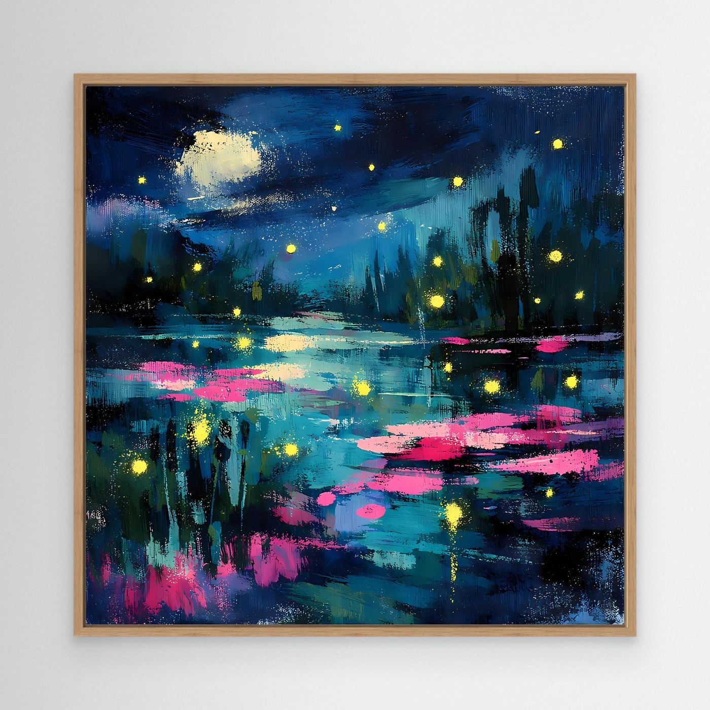 Abstract canvas wall art in oak frame: moonlit lake with glowing fireflies and pink reflections