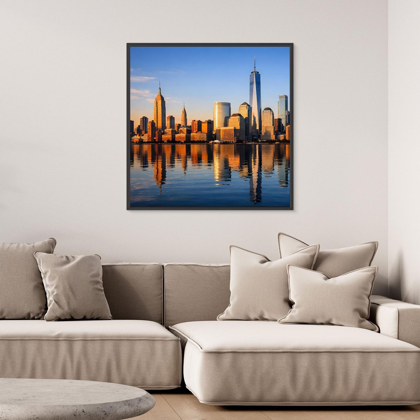 Gerahmtes Leinwand-Wandbild New-York-Skyline bei Sonnenuntergang, dunkler Rahmen