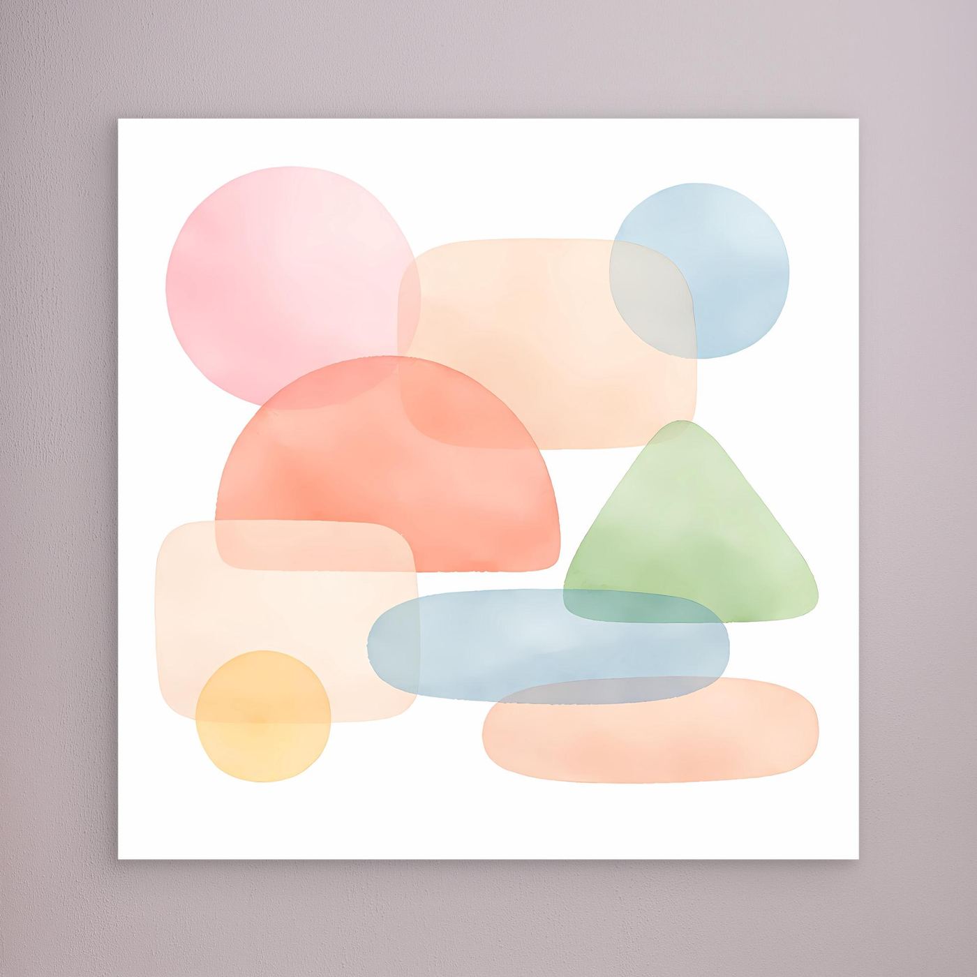 Leinwandbild mit abstrakten Pastellformen in Pink, Blau, Grün und Beige ohne sichtbaren Rahmen