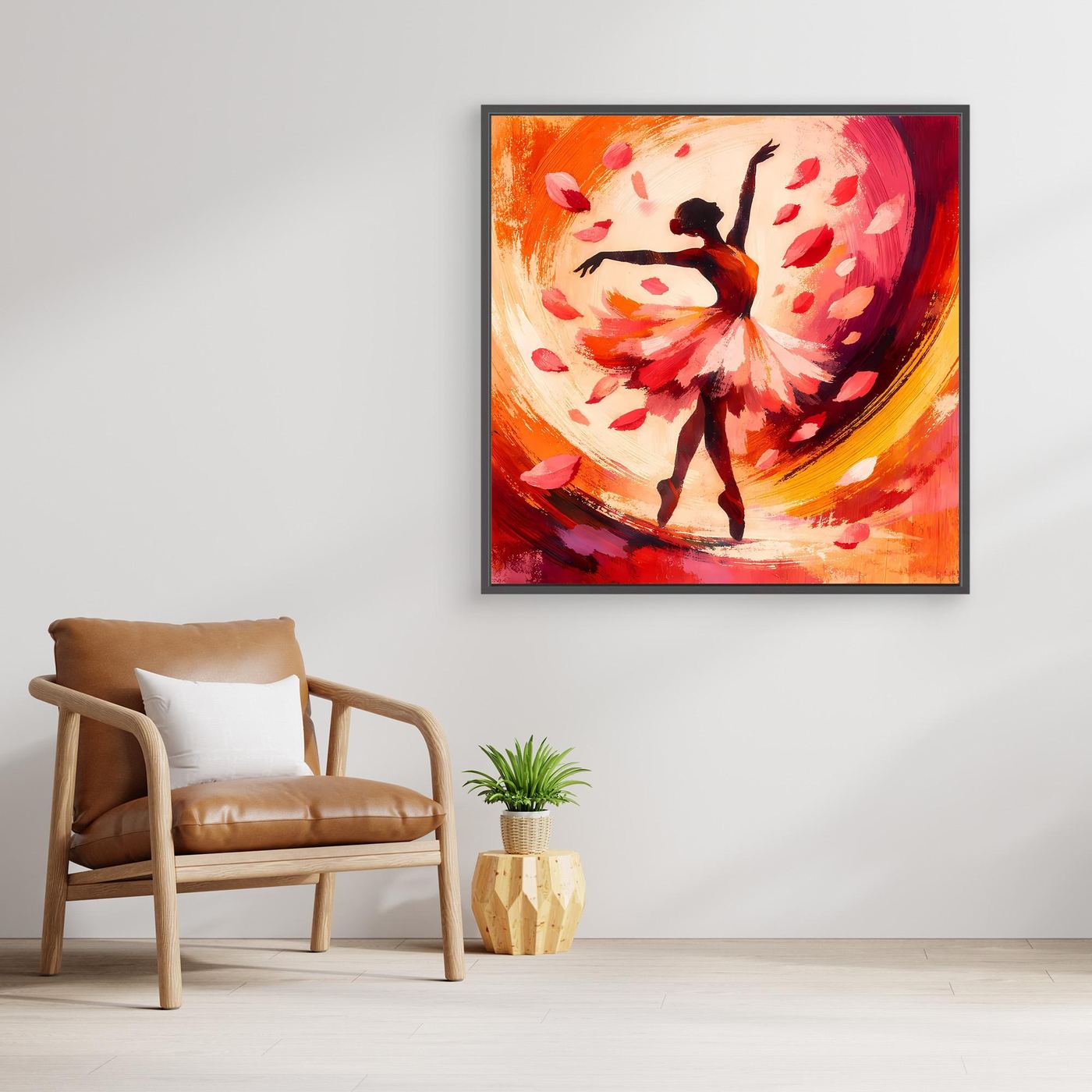 Leinwandbild mit Ballerina-Silhouette und roten Blütenblättern, mit Rahmen