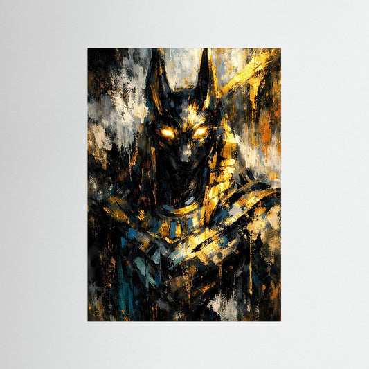 Abstraktes Hochformat-Poster mit Anubis-Motiv, Gold- und Schwarztönen, leuchtende Augen