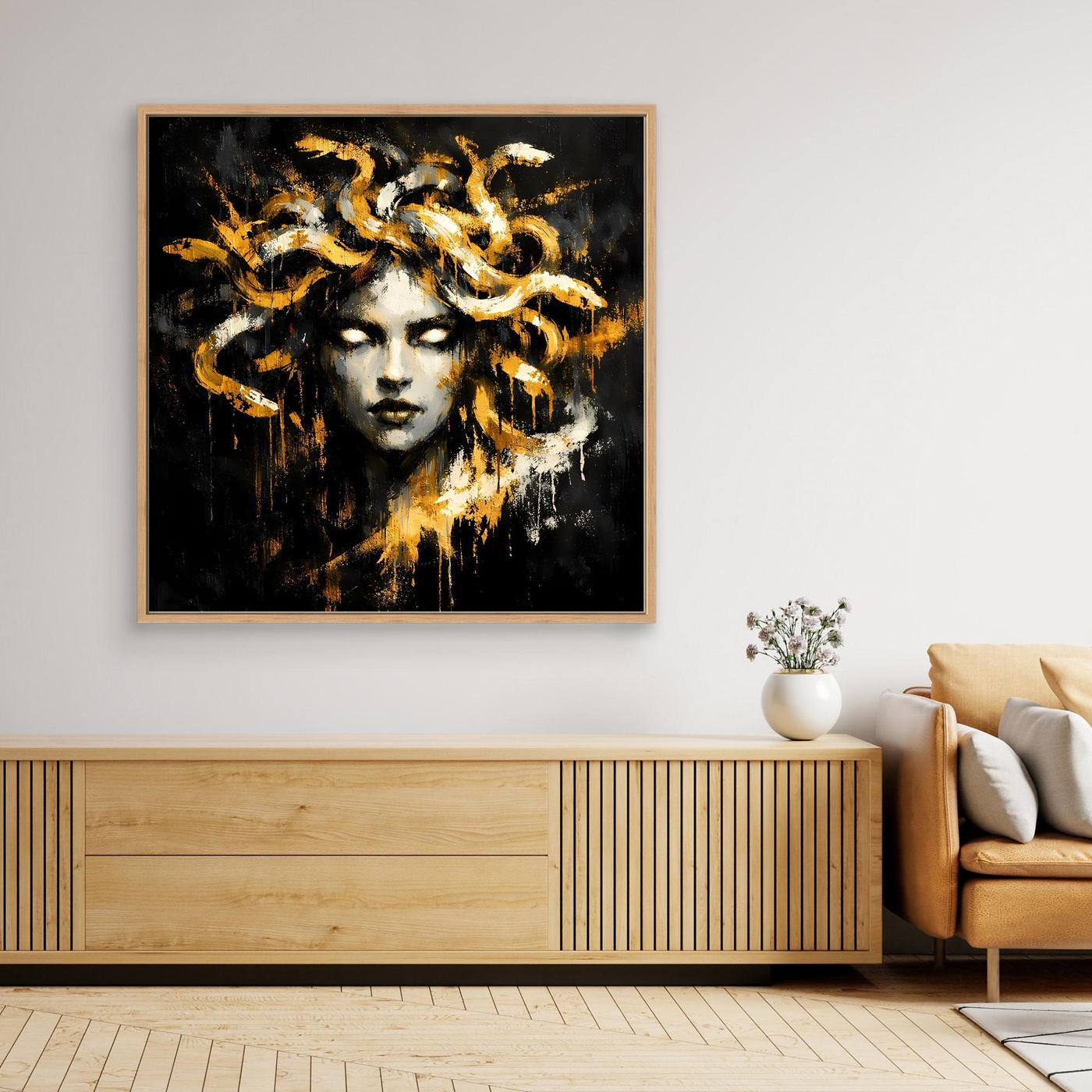 Leinwand Goldene Medusa Gorgone | Abstraktes Mythologie Wandbild Modern