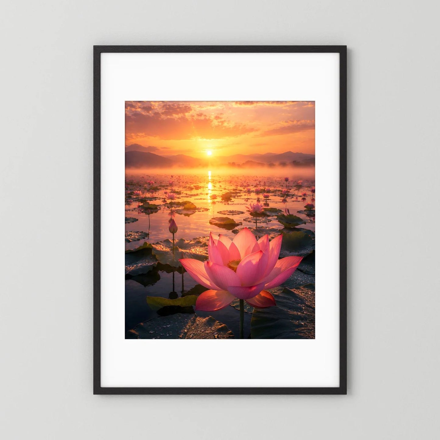 Hochformatiges Poster mit rosa Lotusblüte bei Sonnenuntergang, schwarzer Rahmen