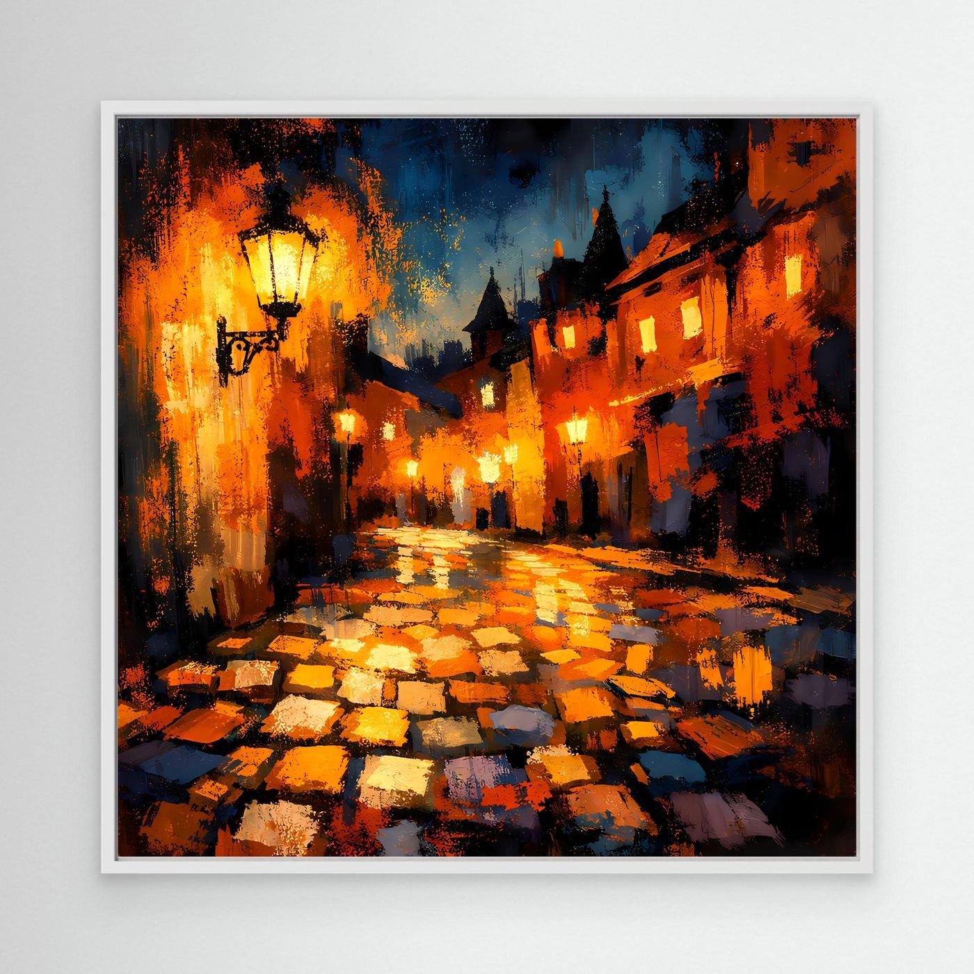 Leinwand Abstraktes Altstadt Gemälde | Modernes Romantisches Gassen Wandbild bei Nacht