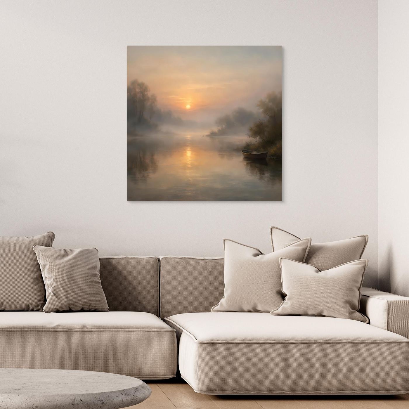 Quadratisches Leinwandbild mit nebligem Fluss und Sonnenaufgang, rahmenlos