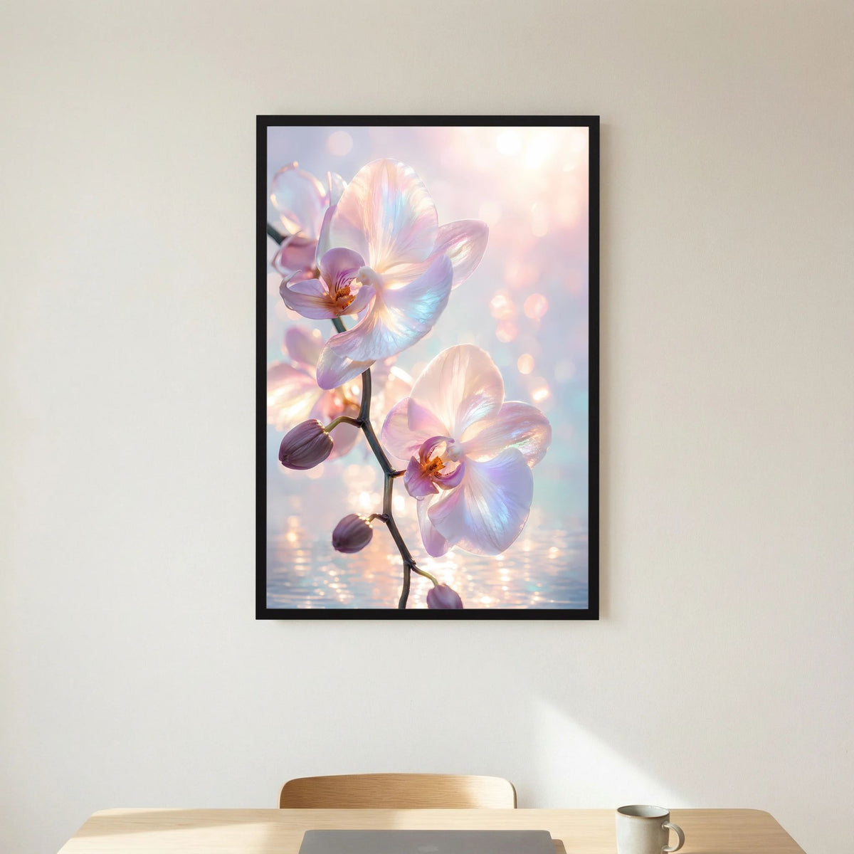 Orchideen-Kunstposter im schwarzen Rahmen, Pastellblüten auf hell schimmerndem Hintergrund