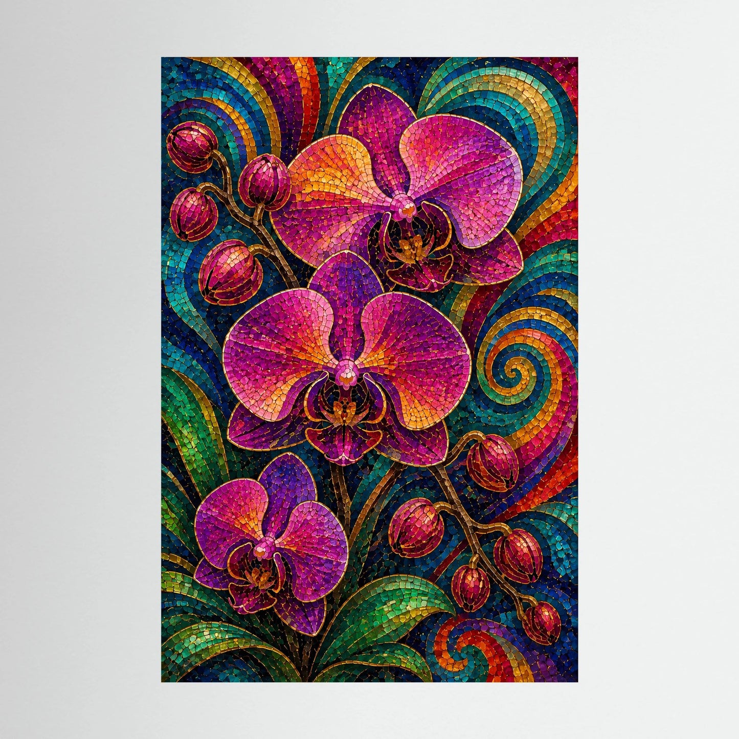 Orchideen-Mosaikposter (Hochformat) ohne Rahmen, violette Orchideen mit bunten Spiralen