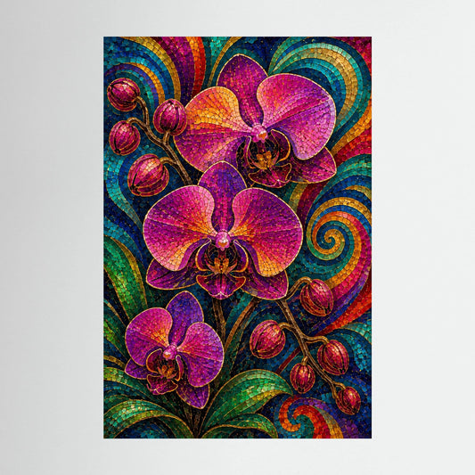 Orchideen-Mosaikposter (Hochformat) ohne Rahmen, violette Orchideen mit bunten Spiralen