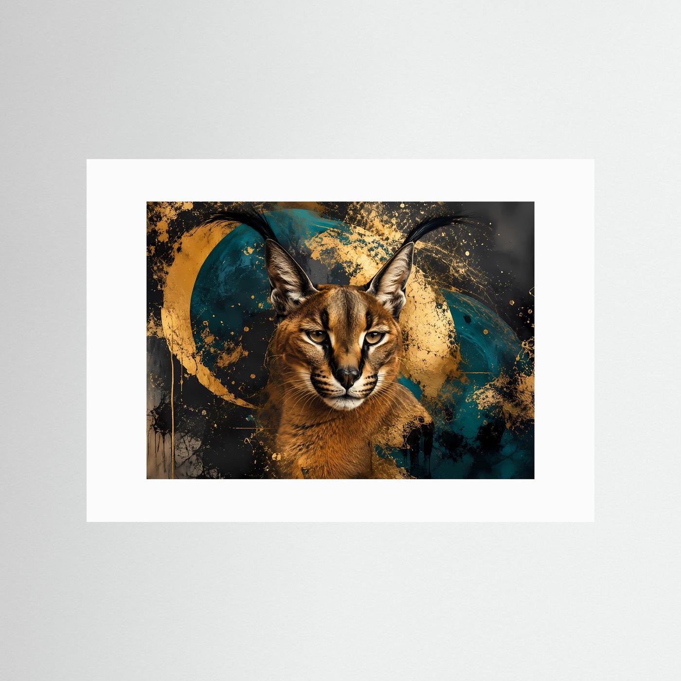 Majestätischer Caracal | Edles Wildkatzen Kunstposter mit Gold- und Türkis-Akzenten