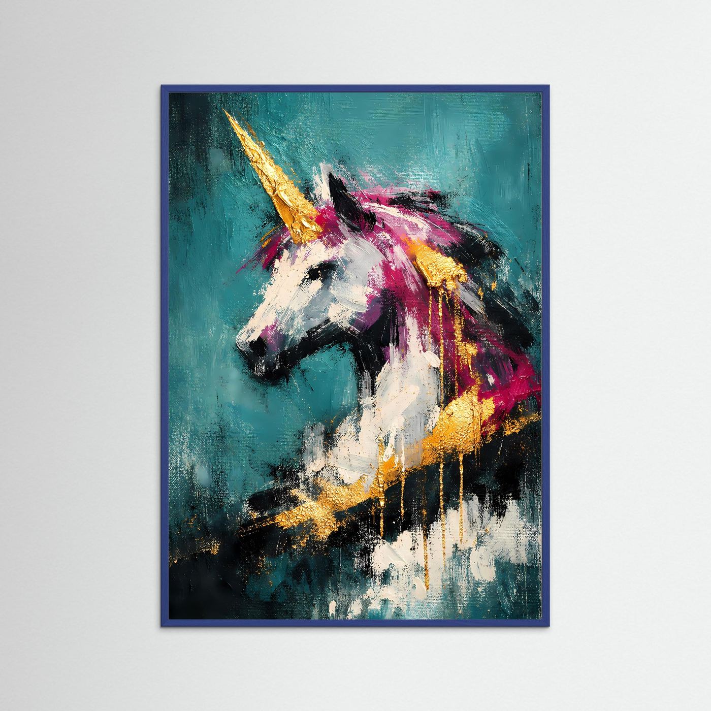 Abstraktes Einhorn-Kunstposter mit blauem Holzrahmen, türkis, magenta und gold