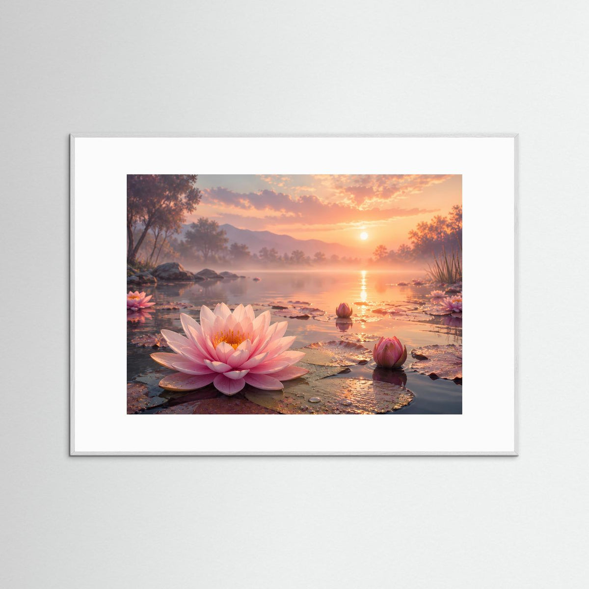 Poster im Querformat mit rosa Seerose am See bei Sonnenuntergang, weißer Rahmen mit Rand