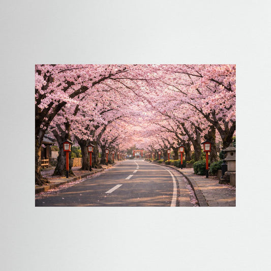 Kirschblütenallee-Panorama-Poster ohne Rahmen, rosa Kirschblüten über der Straße im Frühjahr.