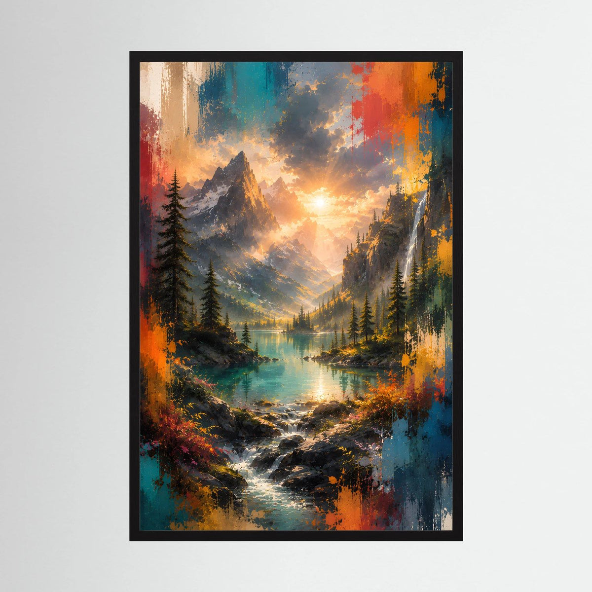 Hochformat-Wandbild mit schwarzem Rahmen und farbenfroher Berglandschaft bei Sonnenuntergang