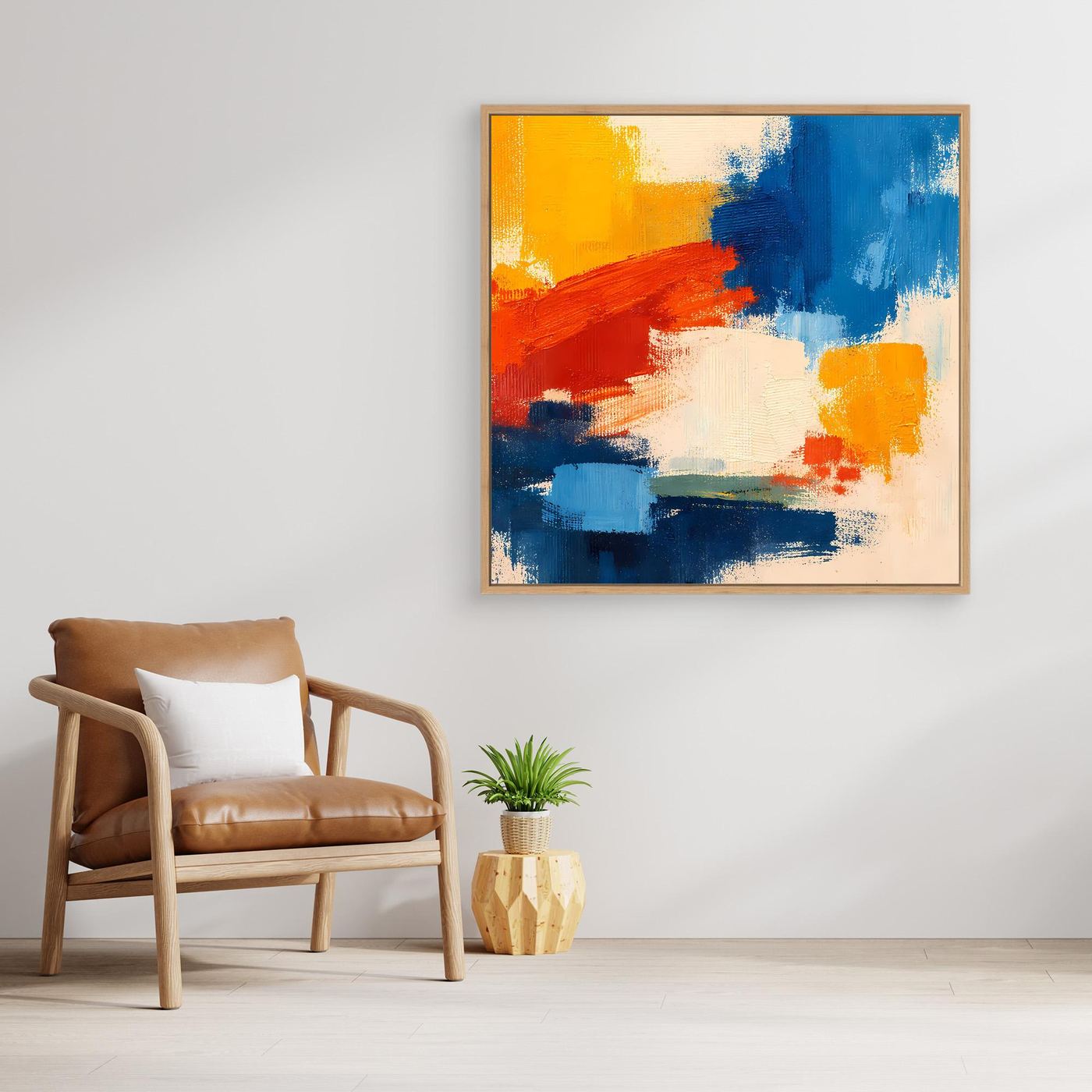 Abstract canvas wall art with blue and yellow blocks, red diagonal brushstroke