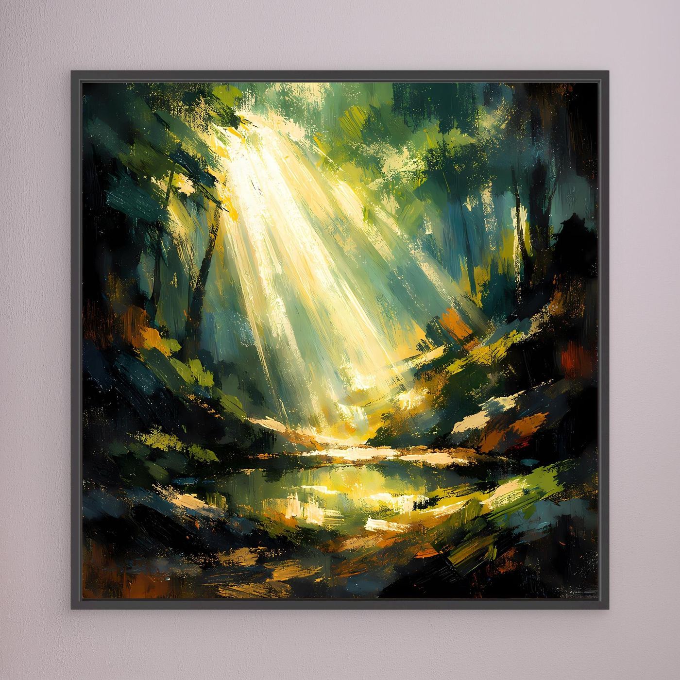Leinwand-Wandbild mit goldenen Lichtstrahlen im Wald, dunkelgrauer Rahmen