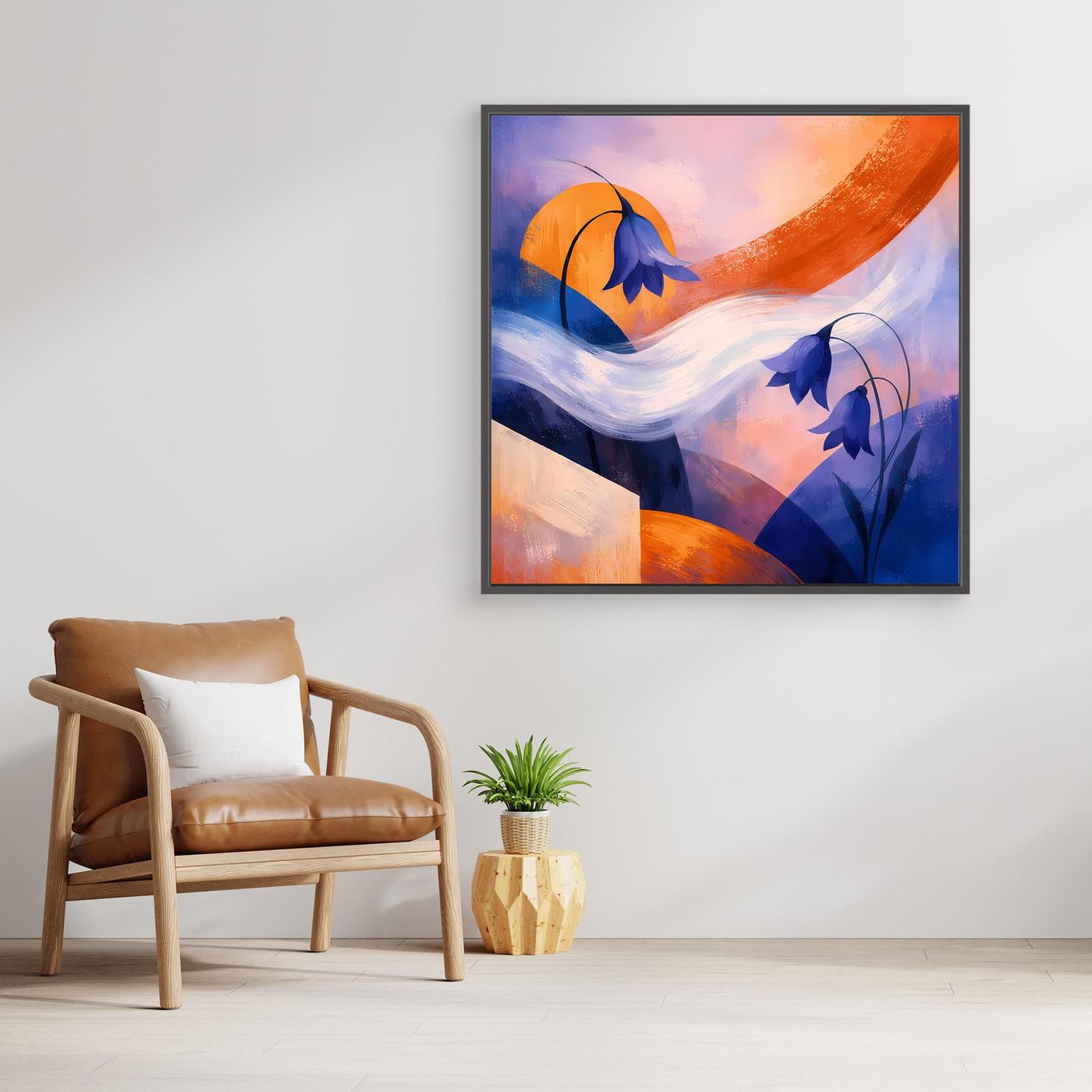 Quadratisches Leinwandbild mit blauem Glockenblumen-Motiv und orangefarbenem Lichtbogen