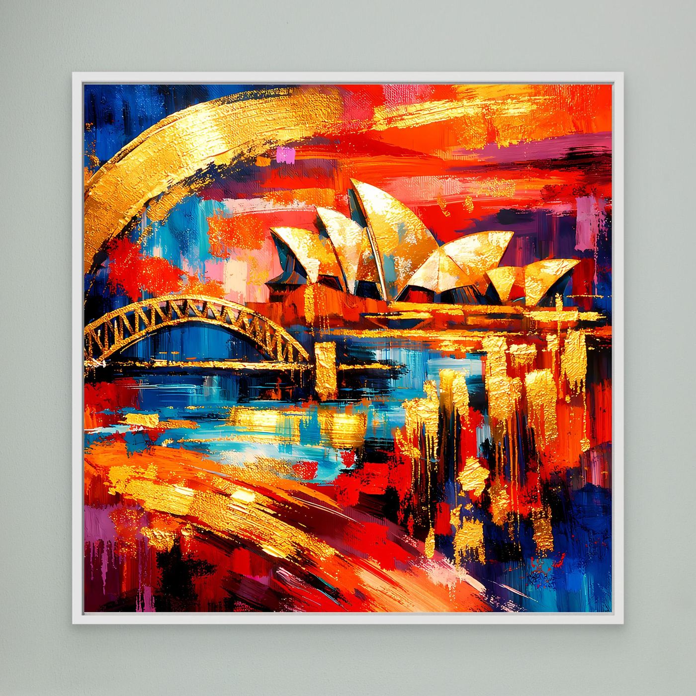 Gerahmtes abstraktes Leinwandbild mit farbigen Pinselstrichen, Opernhaus und Harbour-Bridge