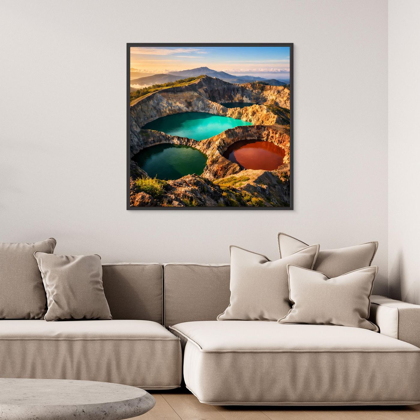 Leinwandbild mit Vulkan und Kraterseen, farbenfrohe Landschaft als Wandmotiv im Rahmen