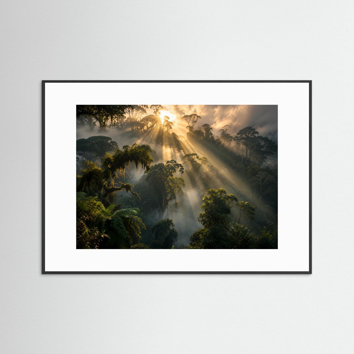 Wandposter mit tropischem Regenwald und Sonnenstrahlen, Nebel, weißes Passepartout, schwarzer Rahmen
