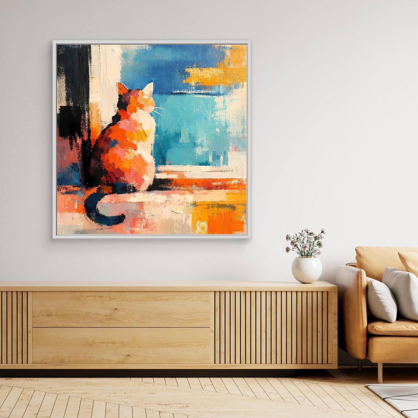 Colorful abstract cat wall art with window scene, light frame
