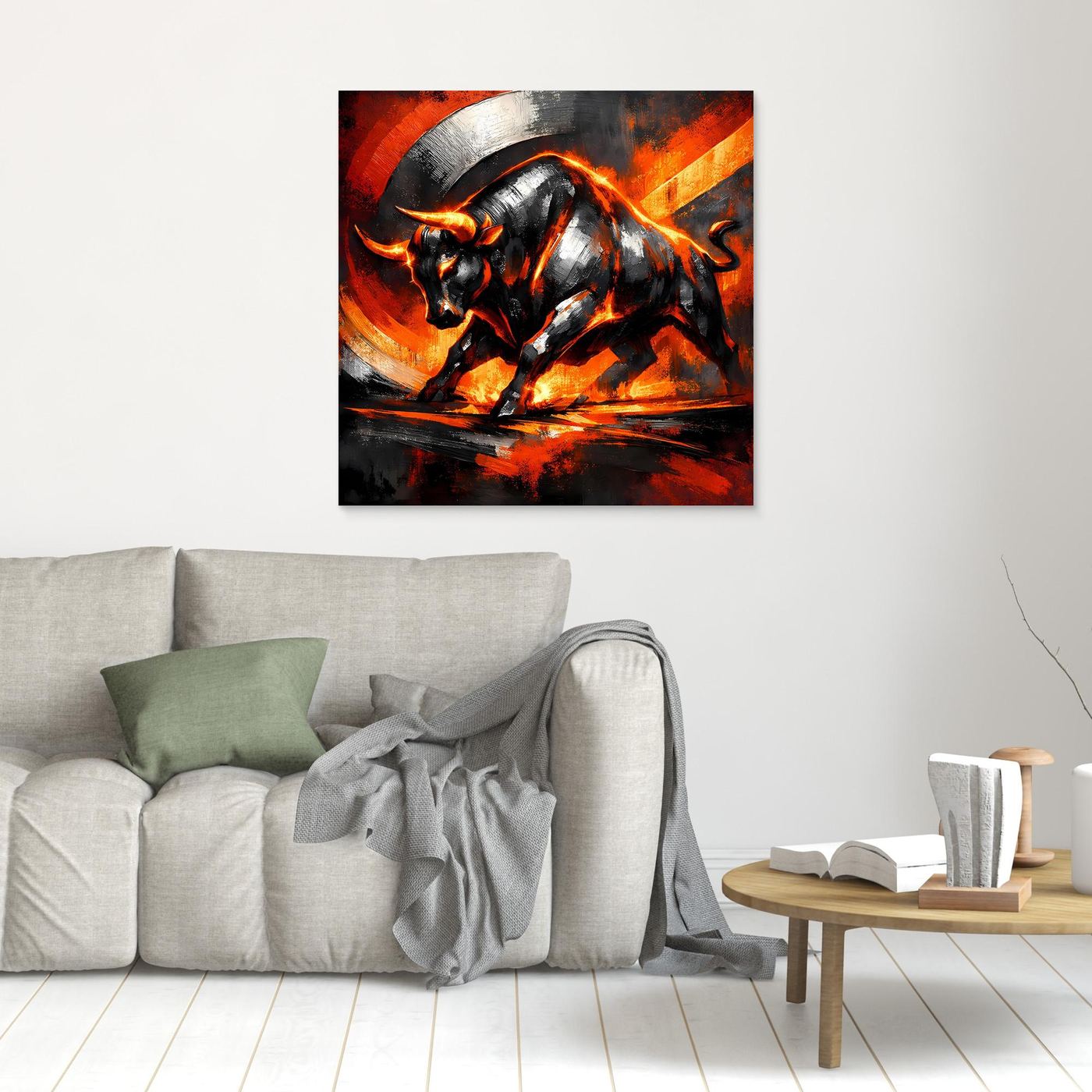 Wandbild mit abstraktem Stiermotiv in Schwarz und Feuerrot, ohne sichtbaren Rahmen
