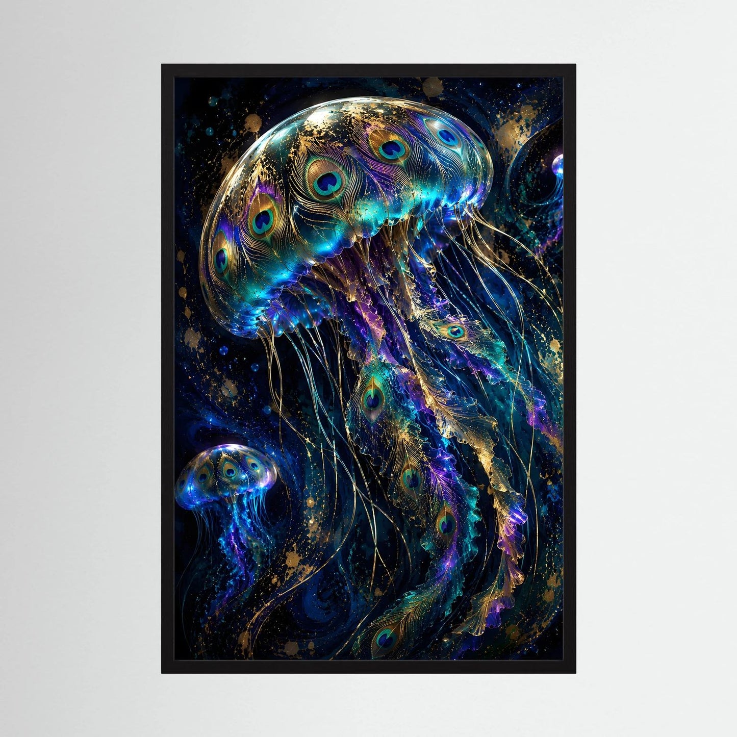 Quallenposter mit leuchtender Pfauenaugen-Figur in Blau und Gold, schwarzer Rahmen